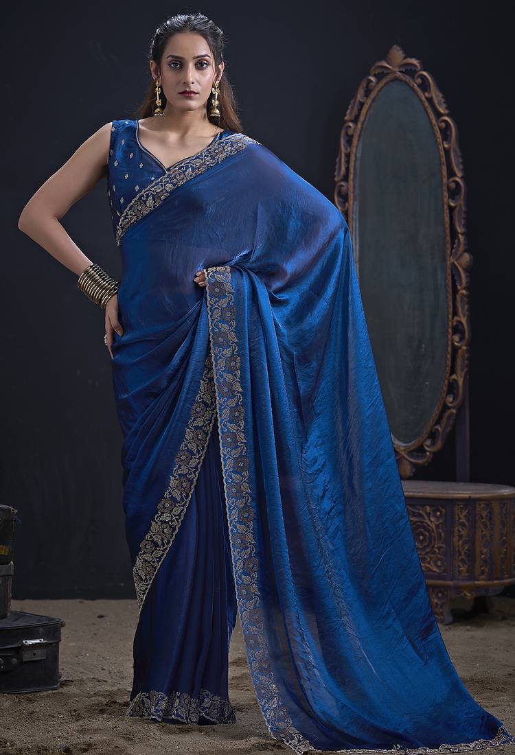 Teal blue color two tone silk designer wedding saree for women
