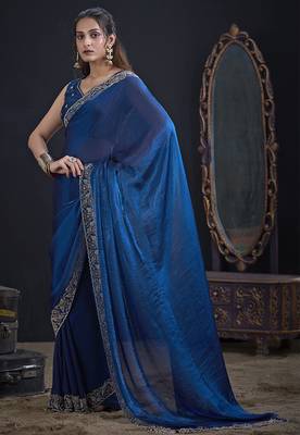 Teal blue color two tone silk designer wedding saree for women 2