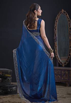Teal blue color two tone silk designer wedding saree for women 3
