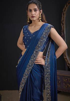Teal blue color two tone silk designer wedding saree for women 4