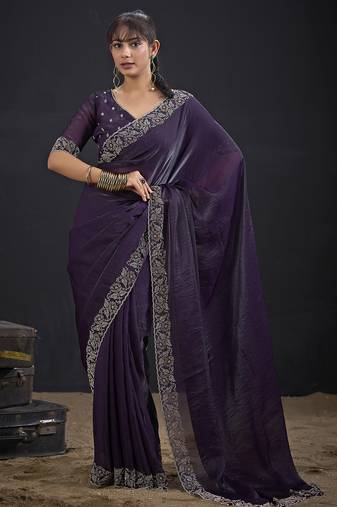 Purple color two tone silk designer wedding saree for women