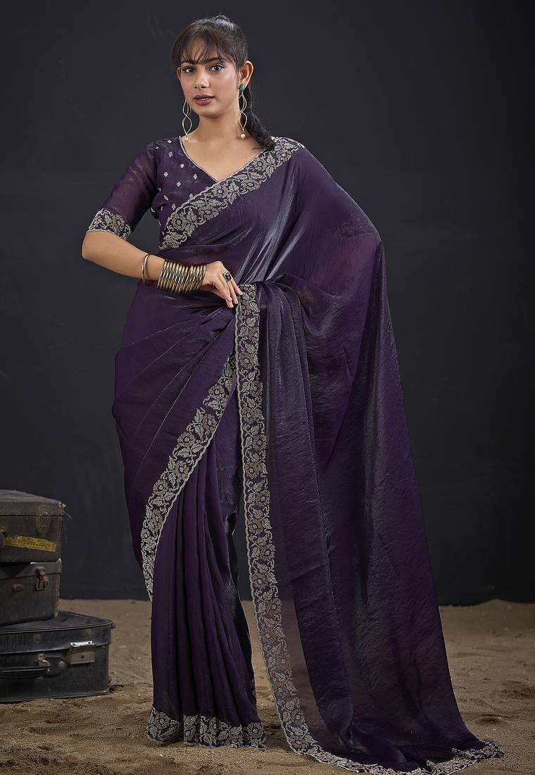 Purple color two tone silk designer wedding saree for women
