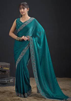 Teal color two tone silk designer wedding saree for women 1