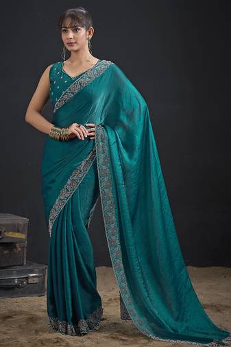Teal color two tone silk designer wedding saree for women