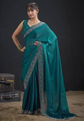 Teal color two tone silk designer wedding saree for women 2