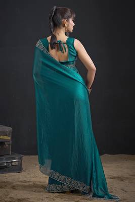 Teal color two tone silk designer wedding saree for women 3