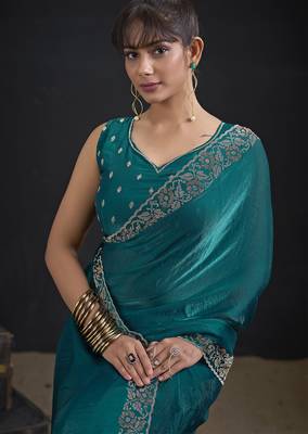 Teal color two tone silk designer wedding saree for women 4