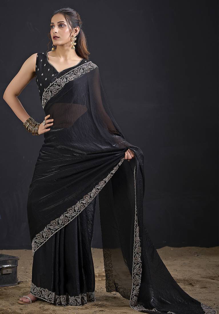 Black color two tone silk designer wedding saree for women