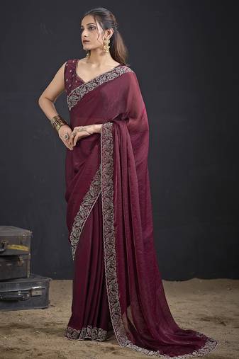 Maroon color two tone silk designer wedding saree for women