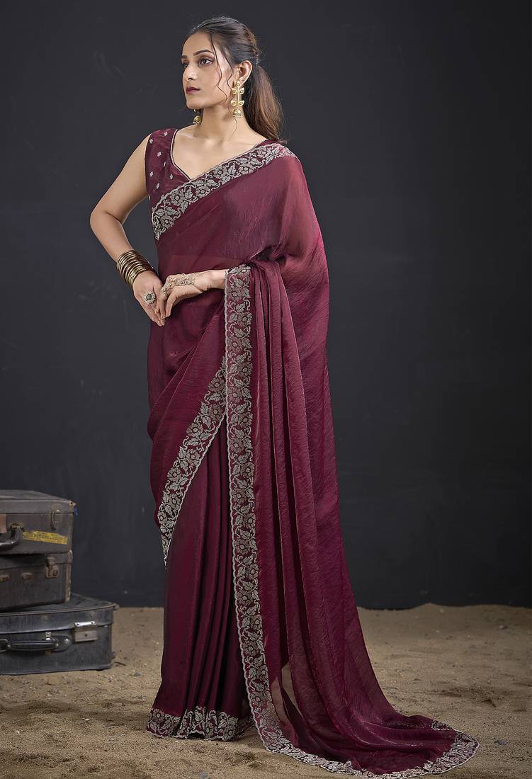 Maroon color two tone silk designer wedding saree for women