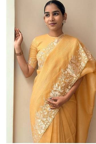 Yellow Color Floral Embroidered Border of White Thread and cut work Silk Saree