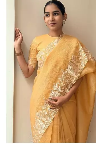 Yellow Color Floral Embroidered Border of White Thread and cut work Silk Saree
