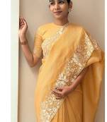 Yellow Color Floral Embroidered Border of White Thread and cut work art silk saree