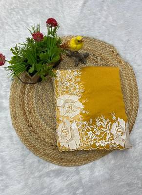 Yellow Color Floral Embroidered Border of White Thread and cut work art silk saree 2