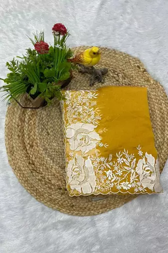 Yellow Color Floral Embroidered Border of White Thread and cut work art silk saree