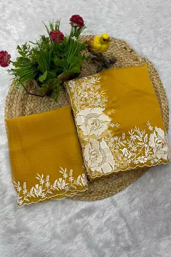 Yellow Color Floral Embroidered Border of White Thread and cut work art silk saree