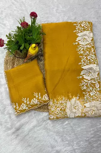 Yellow Color Floral Embroidered Border of White Thread and cut work art silk saree