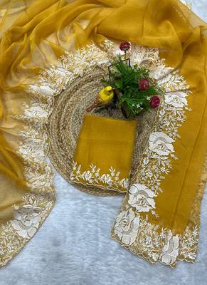 Yellow Color Floral Embroidered Border of White Thread and cut work art silk saree 5