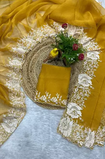 Yellow Color Floral Embroidered Border of White Thread and cut work art silk saree