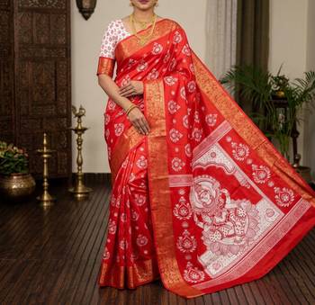 Red Color  Digital printing Durga Pooja Work Silk Saree 1