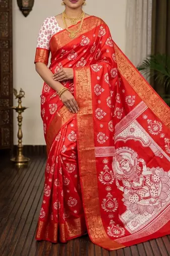 Red Color  Digital printing Durga Pooja Work Silk Saree