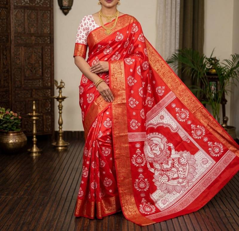 Red Color  Digital printing Durga Pooja Work Silk Saree