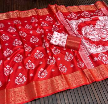 Red Color  Digital printing Durga Pooja Work Silk Saree 2