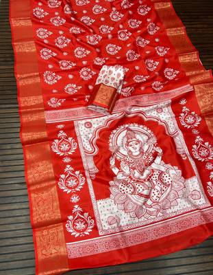 Red Color  Digital printing Durga Pooja Work Silk Saree 3