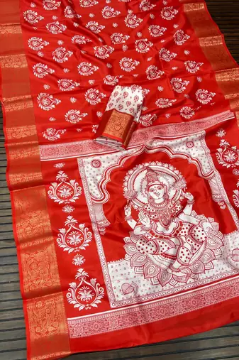 Red Color  Digital printing Durga Pooja Work Silk Saree