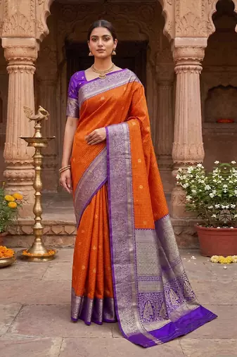 Orange Purple Jacquard Silk Woven Zari Work Rich Pallu Traditional Saree With Unstitch Blose Piece