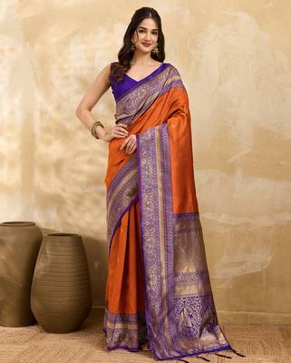 Orange Purple Jacquard Silk Woven Zari Work Rich Pallu Traditional Saree With Unstitch Blose Piece 1