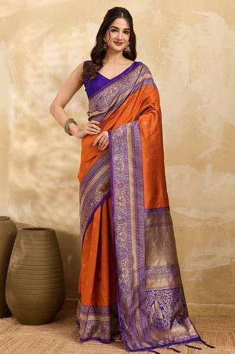 Orange Purple Jacquard Silk Woven Zari Work Rich Pallu Traditional Saree With Unstitch Blose Piece
