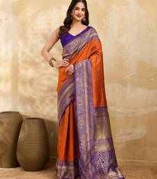 Orange Purple Jacquard Silk Woven Zari Work Rich Pallu Traditional Saree With Unstitch Blose Piece