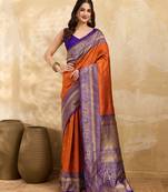 Orange Purple Jacquard Silk Woven Zari Work Rich Pallu Traditional Saree With Unstitch Blose Piece