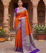 Orange Purple Jacquard Silk Woven Zari Work Rich Pallu Traditional Saree With Unstitch Blose Piece