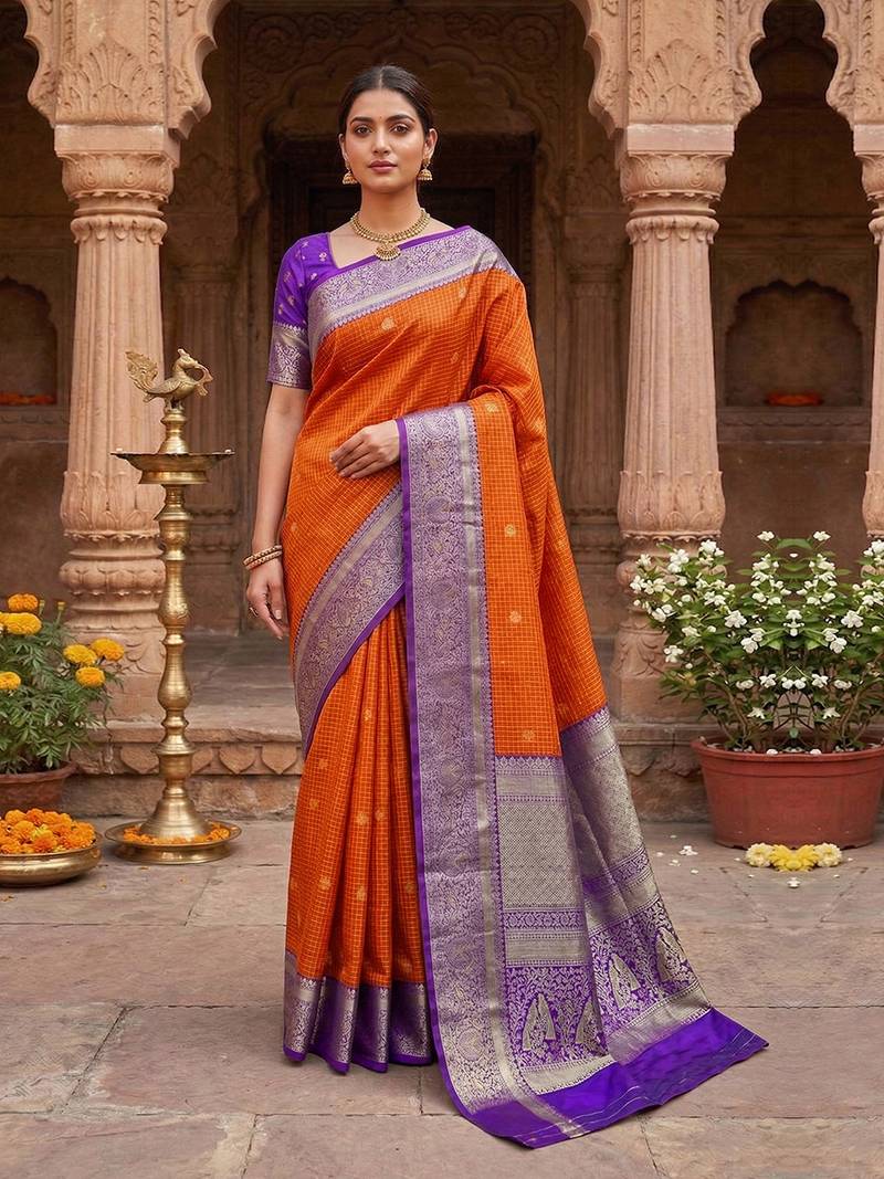 Orange Purple Jacquard Silk Woven Zari Work Rich Pallu Traditional Saree With Unstitch Blose Piece
