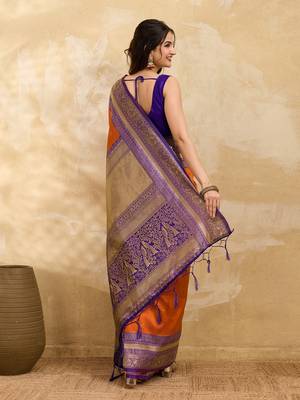 Orange Purple Jacquard Silk Woven Zari Work Rich Pallu Traditional Saree With Unstitch Blose Piece 2