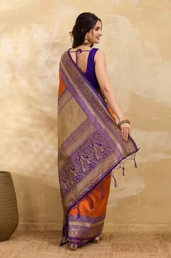 Orange Purple Jacquard Silk Woven Zari Work Rich Pallu Traditional Saree With Unstitch Blose Piece