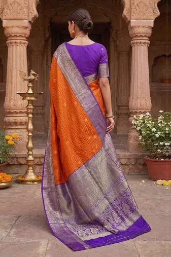 Orange Purple Jacquard Silk Woven Zari Work Rich Pallu Traditional Saree With Unstitch Blose Piece