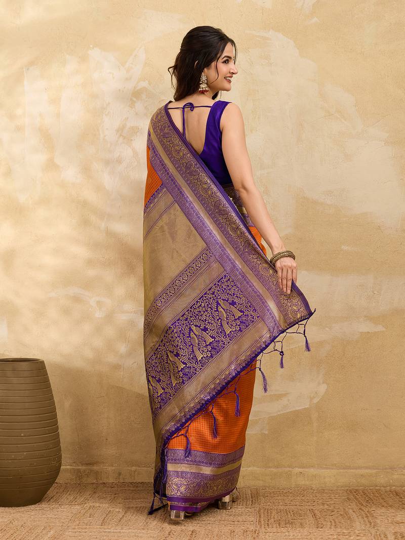 Orange Purple Jacquard Silk Woven Zari Work Rich Pallu Traditional Saree With Unstitch Blose Piece