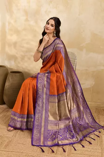 Orange Purple Jacquard Silk Woven Zari Work Rich Pallu Traditional Saree With Unstitch Blose Piece
