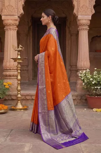 Orange Purple Jacquard Silk Woven Zari Work Rich Pallu Traditional Saree With Unstitch Blose Piece