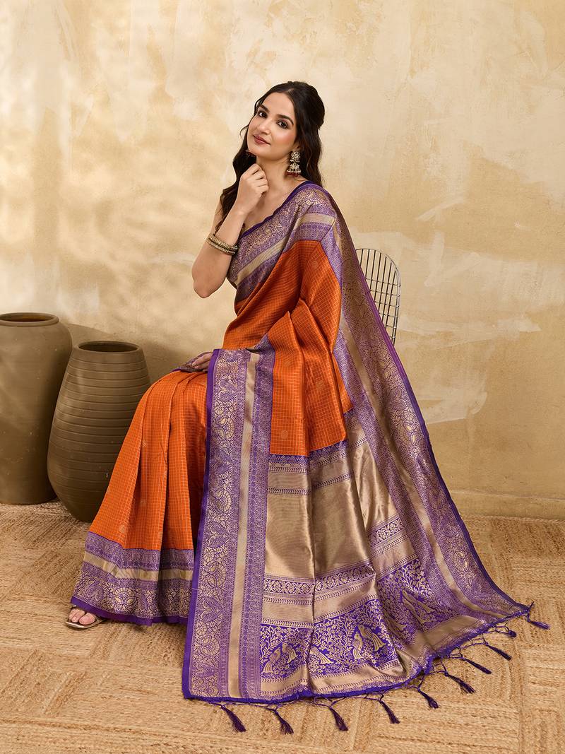 Orange Purple Jacquard Silk Woven Zari Work Rich Pallu Traditional Saree With Unstitch Blose Piece