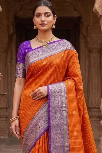 Orange Purple Jacquard Silk Woven Zari Work Rich Pallu Traditional Saree With Unstitch Blose Piece