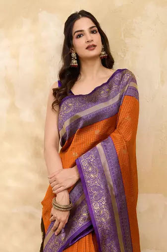 Orange Purple Jacquard Silk Woven Zari Work Rich Pallu Traditional Saree With Unstitch Blose Piece