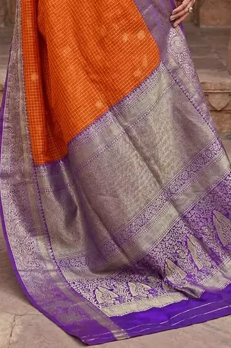 Orange Purple Jacquard Silk Woven Zari Work Rich Pallu Traditional Saree With Unstitch Blose Piece