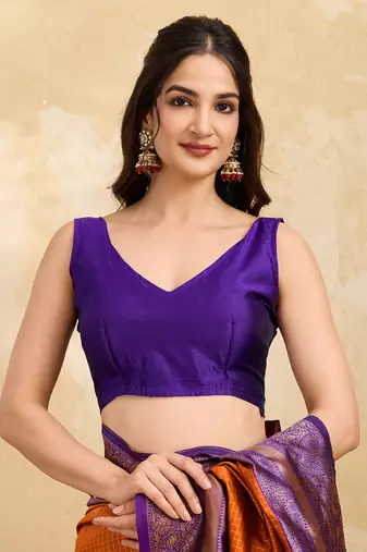 Orange Purple Jacquard Silk Woven Zari Work Rich Pallu Traditional Saree With Unstitch Blose Piece