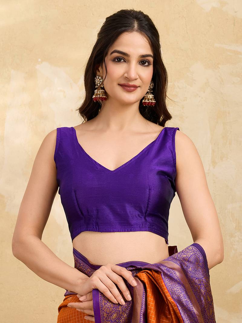 Orange Purple Jacquard Silk Woven Zari Work Rich Pallu Traditional Saree With Unstitch Blose Piece