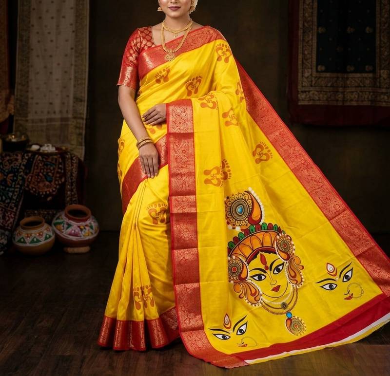 Yellow Color  Digital printing Durga Pooja Work Silk Saree