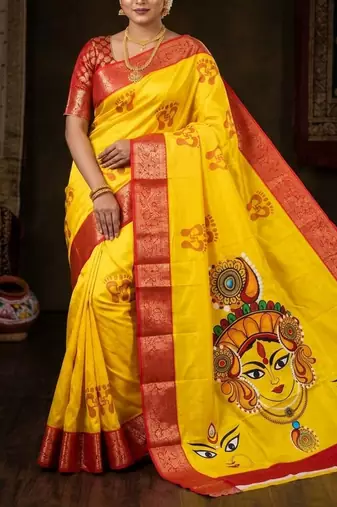 Yellow Color  Digital printing Durga Pooja Work Silk Saree
